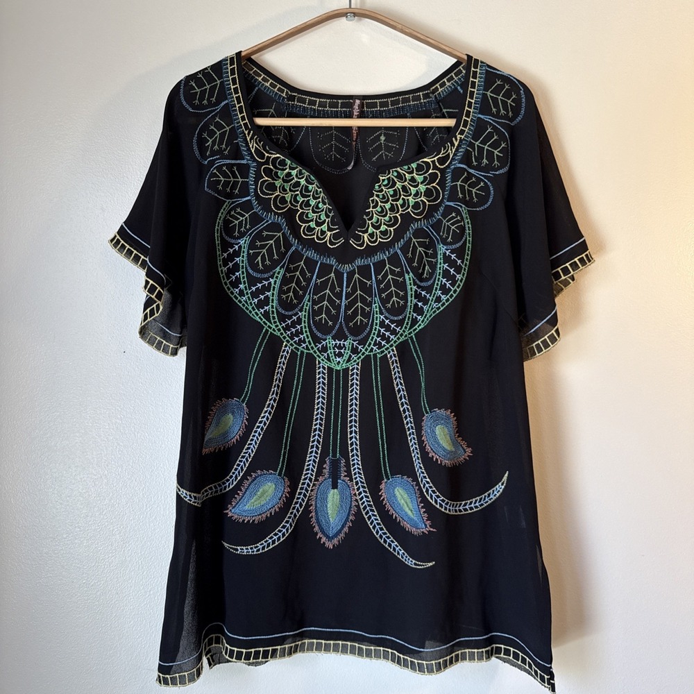 Anthropologie Mushka by Sienna‎ Rose Size PL Sheer Top Black Boho Fairy Peacock